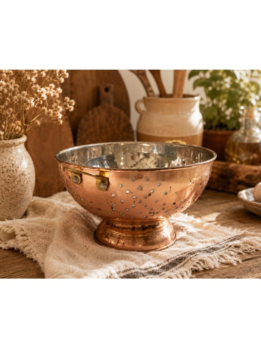Vintage Distressed ODI P10 Copper Colander Strainer Brass Handles Rustic Farm